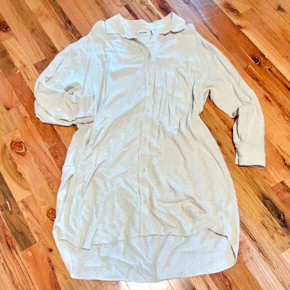 Weekday Linen Shirt Dress Oatmeal Button Down Boho Midi - Picture 1 of 4